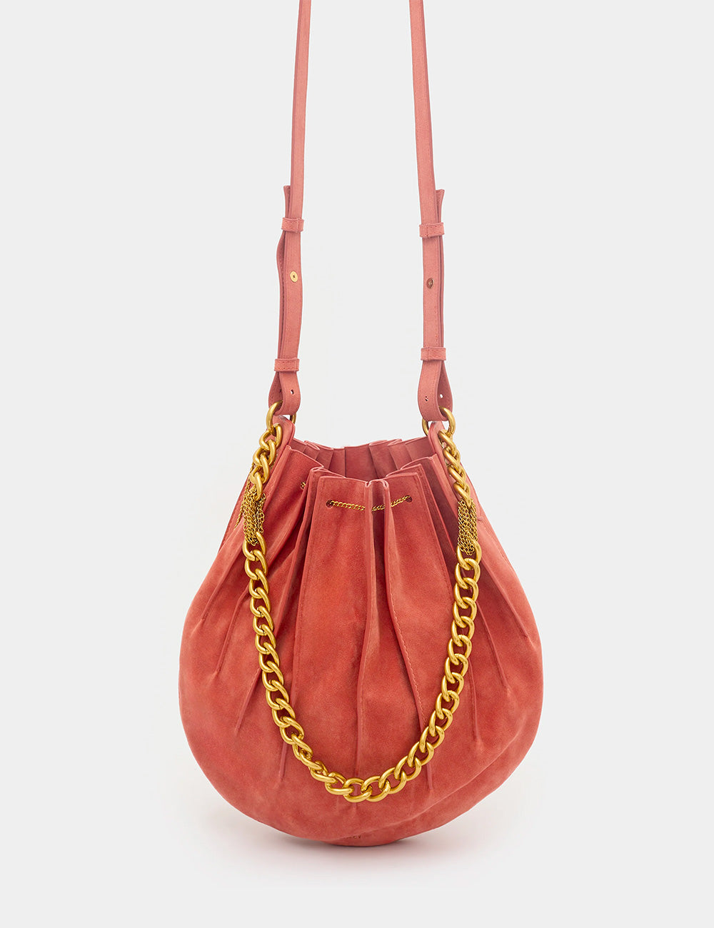 Borsa a secchiello Nalì A Spalla Evissa Ruggine in suede corallo con catenella oro