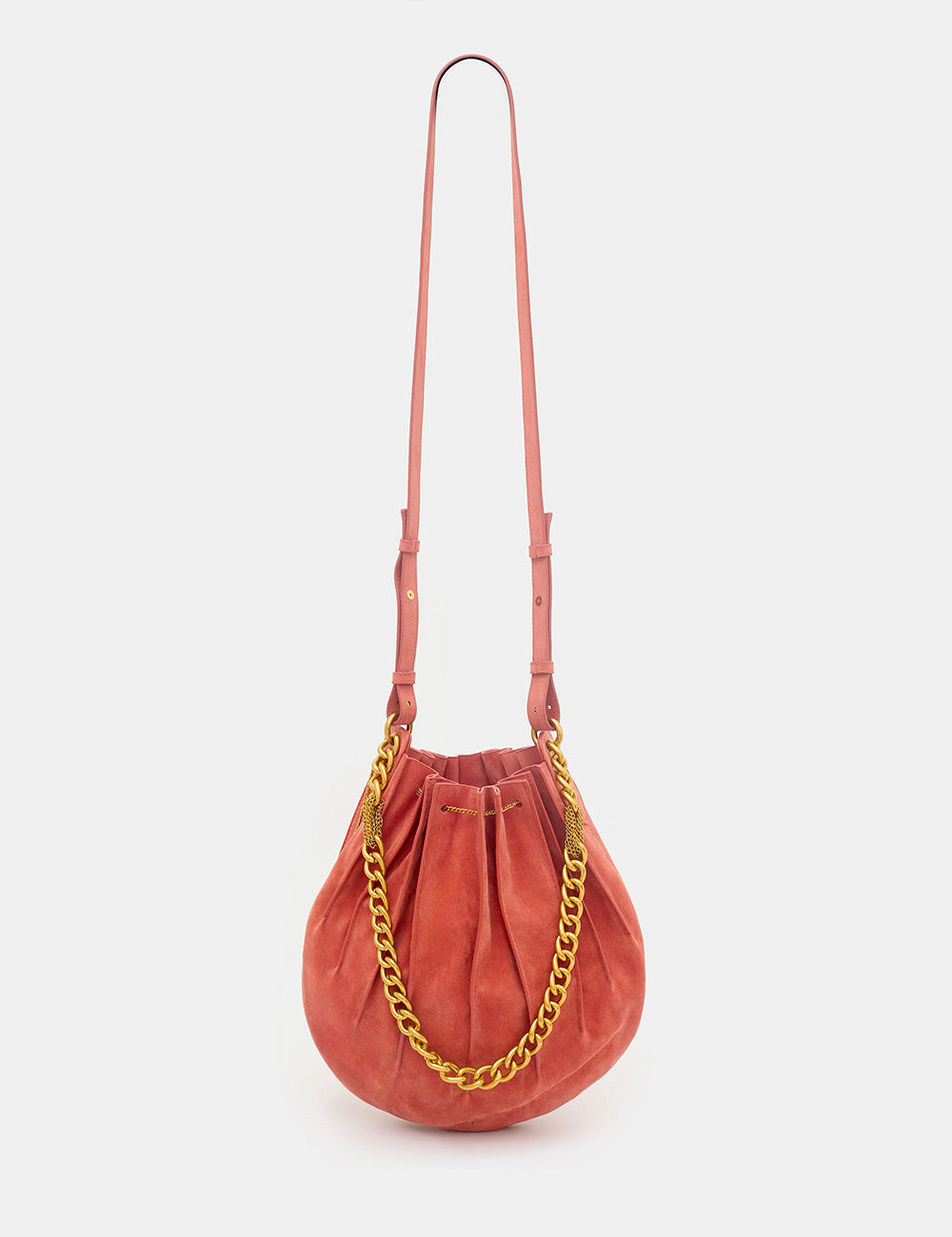 Borsa a secchiello Nalì A Spalla Evissa Ruggine in suede corallo con catena dorata