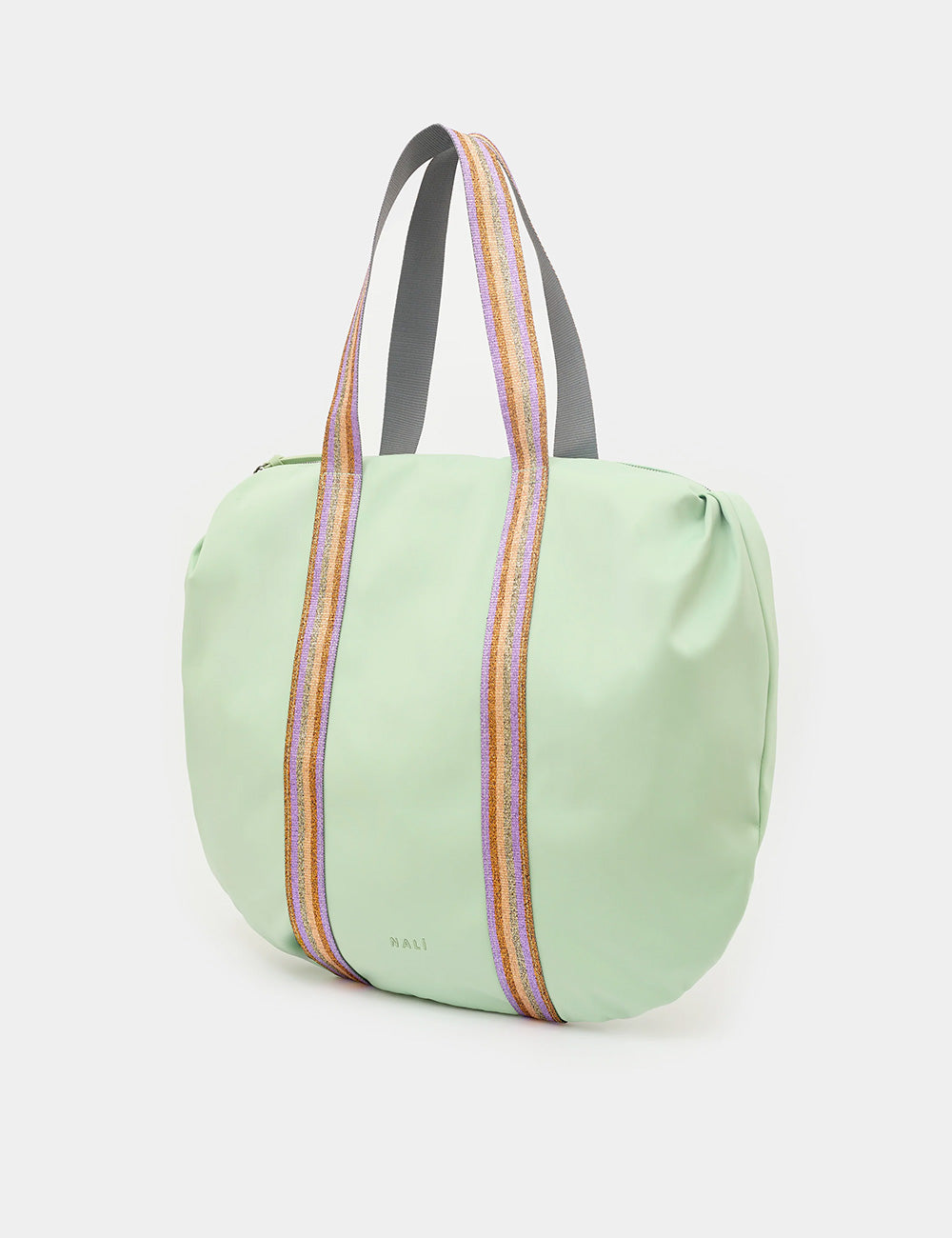 Borsa da viaggio Nalì Nina Verde in nylon verde pastello con spallacci rigati iridescenti