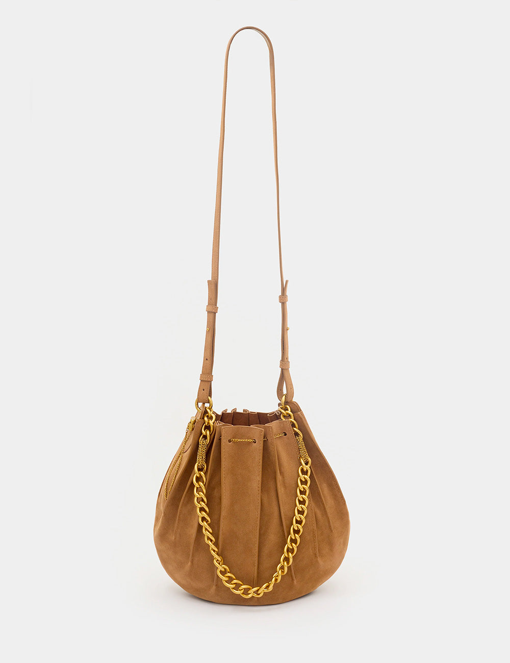 Borsa a secchiello Nalì A Spalla Evissa Marrone in suede tan con catenella oro