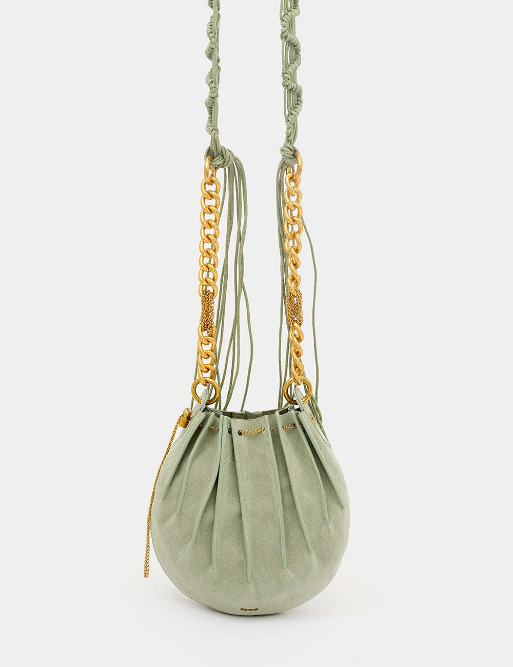 Borsa Nalì A Spalla Evissa Small Verde in suede verde salvia con tracolla macramè e catena dorata