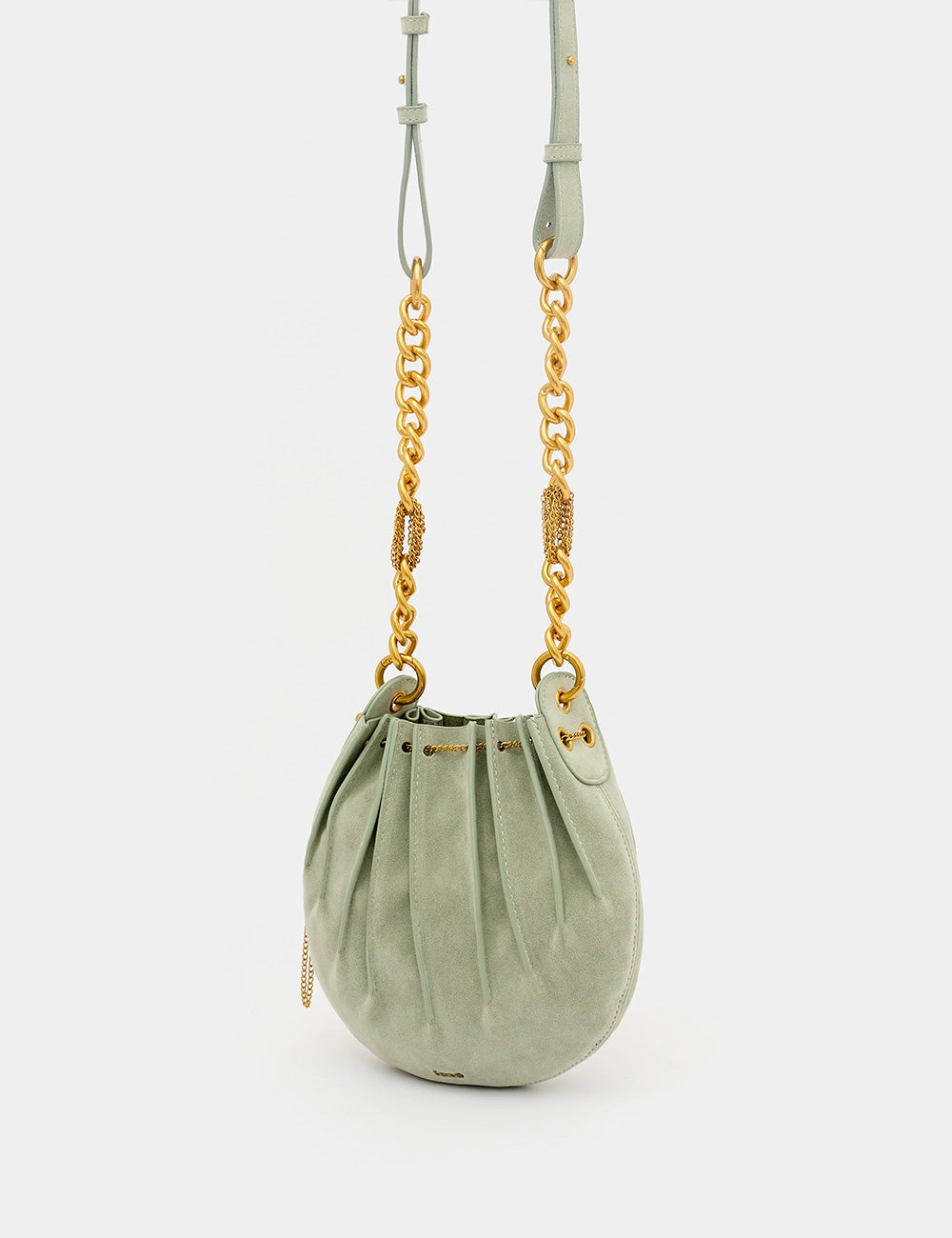 Borsa a secchiello Nalì A Spalla Evissa Small Verde in suede verde salvia con catena dorata