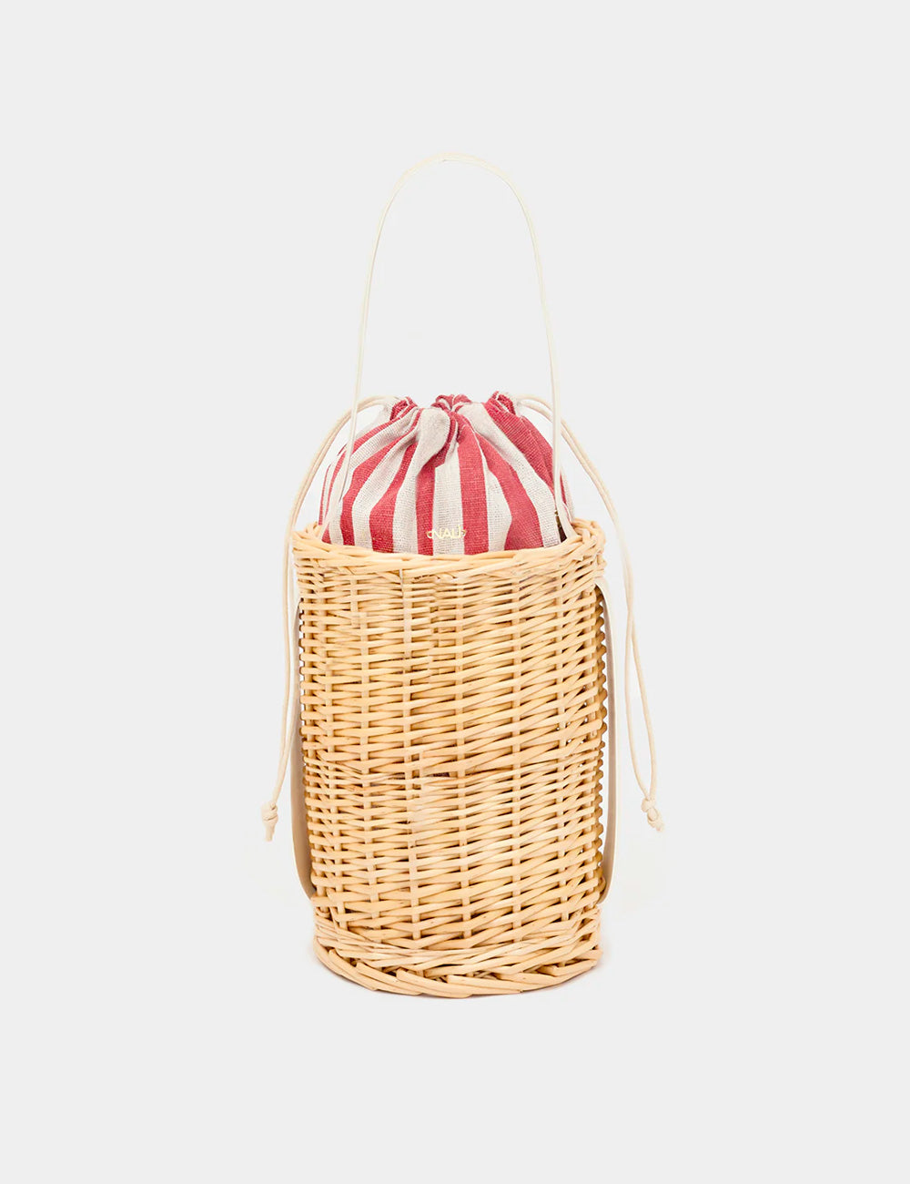 Borsa secchiello Nalì Amalfi Beige in vimini con fodera a righe rosse bianche