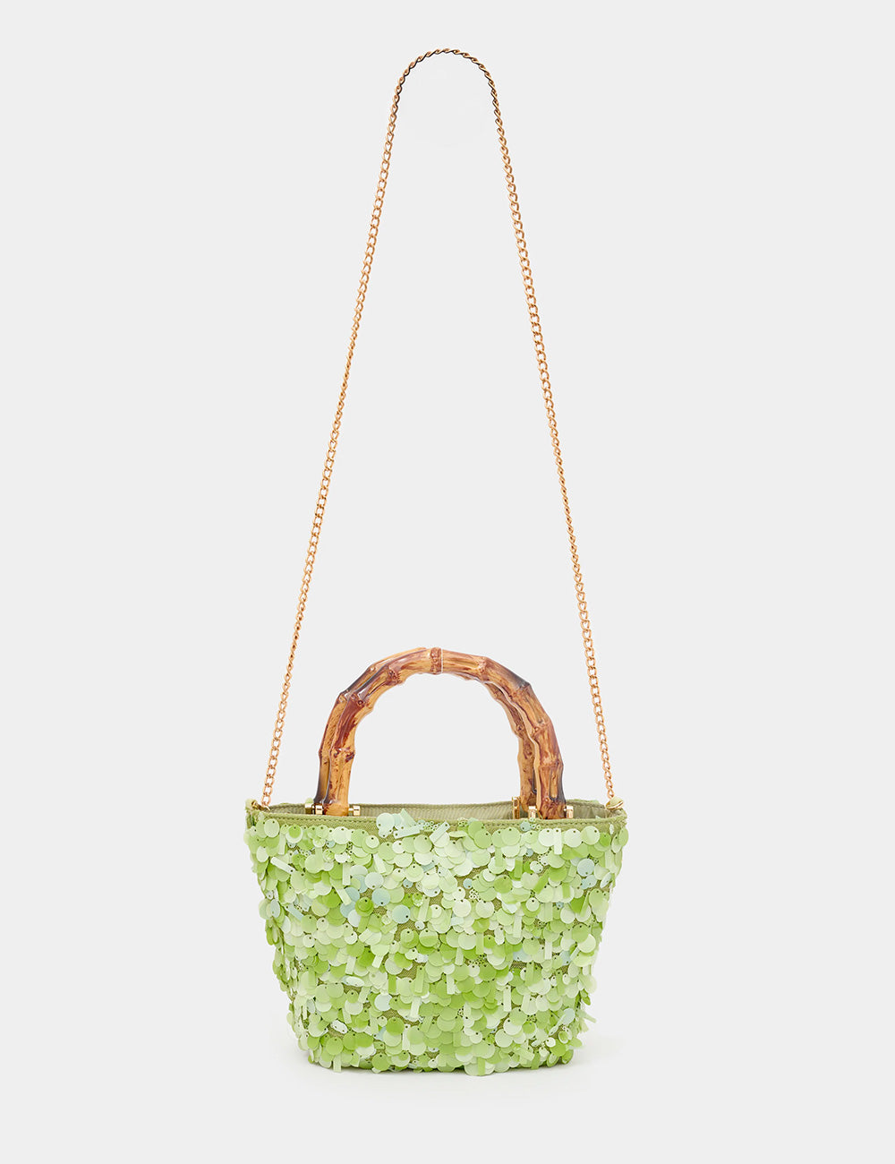 Borsa mini tote Nalì A Mano Nizza Verde verde lime con paillettes, manico bambù e catena oro