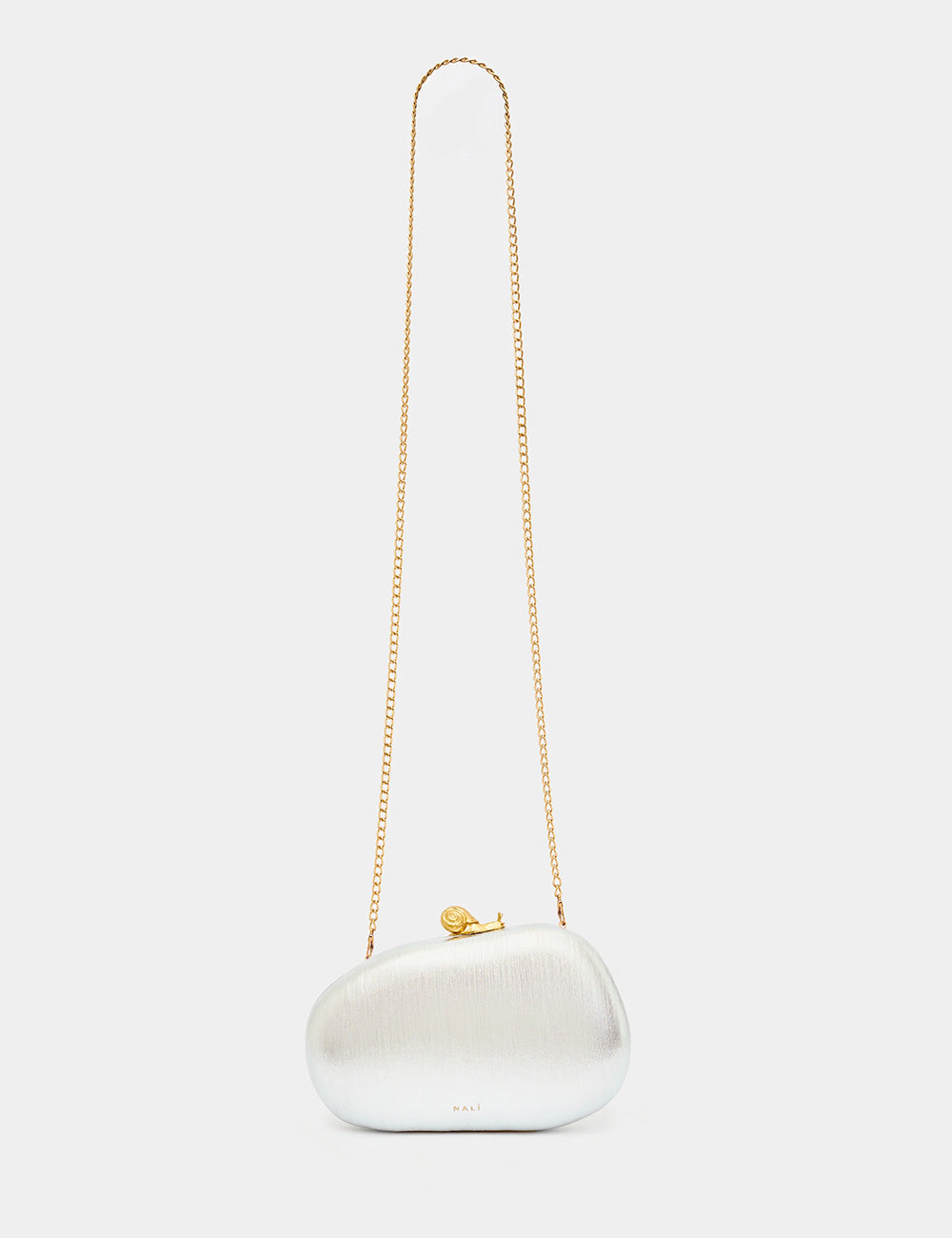 Clutch Nalì Zahra Argento, bianca con coccodrillo e catena dorata