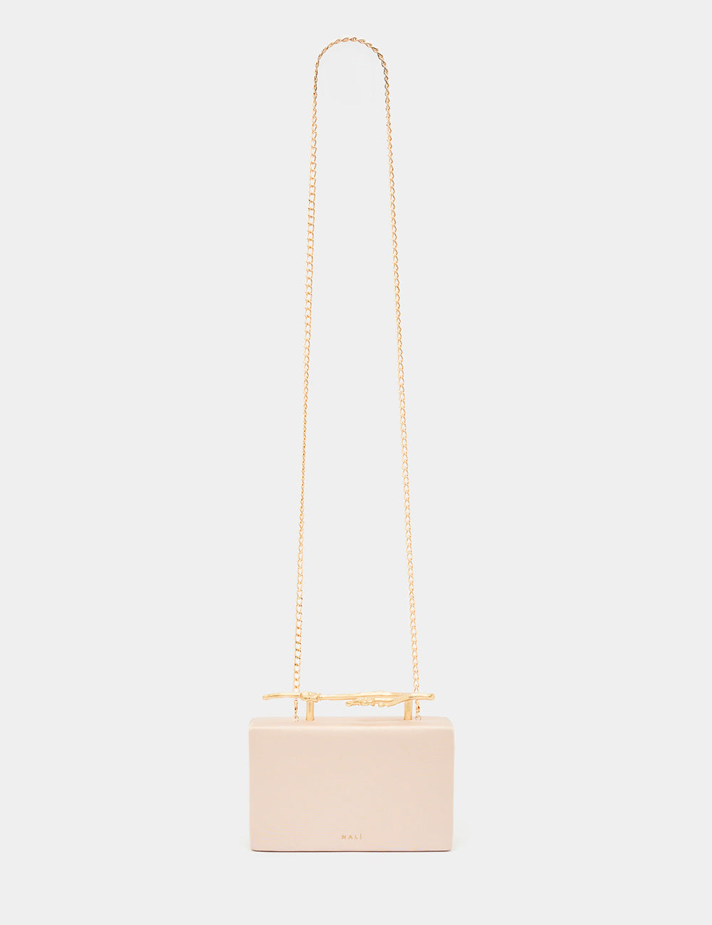 Clutch Nalì Nora Crema rosa pallido con catena oro e manici metallici