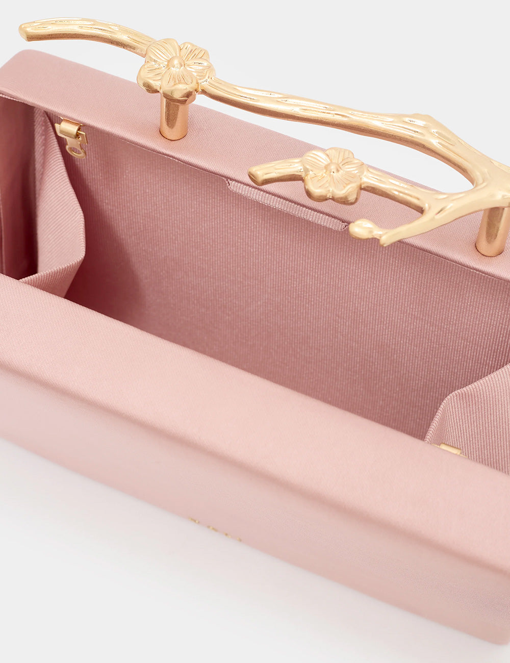 Clutch Nalì Nora Rosa rosa blush con manici floreali oro satinato
