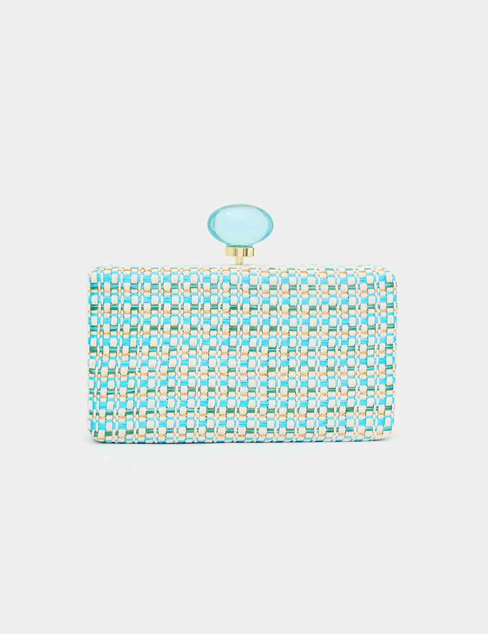 Clutch Nalì Alba Celeste in turchese e crema con chiusura ovale blu traslucida