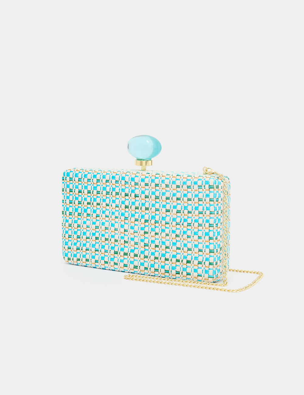 Clutch Nalì Alba Celeste a quadri turchese e verde con perla e manico sferico abbinato