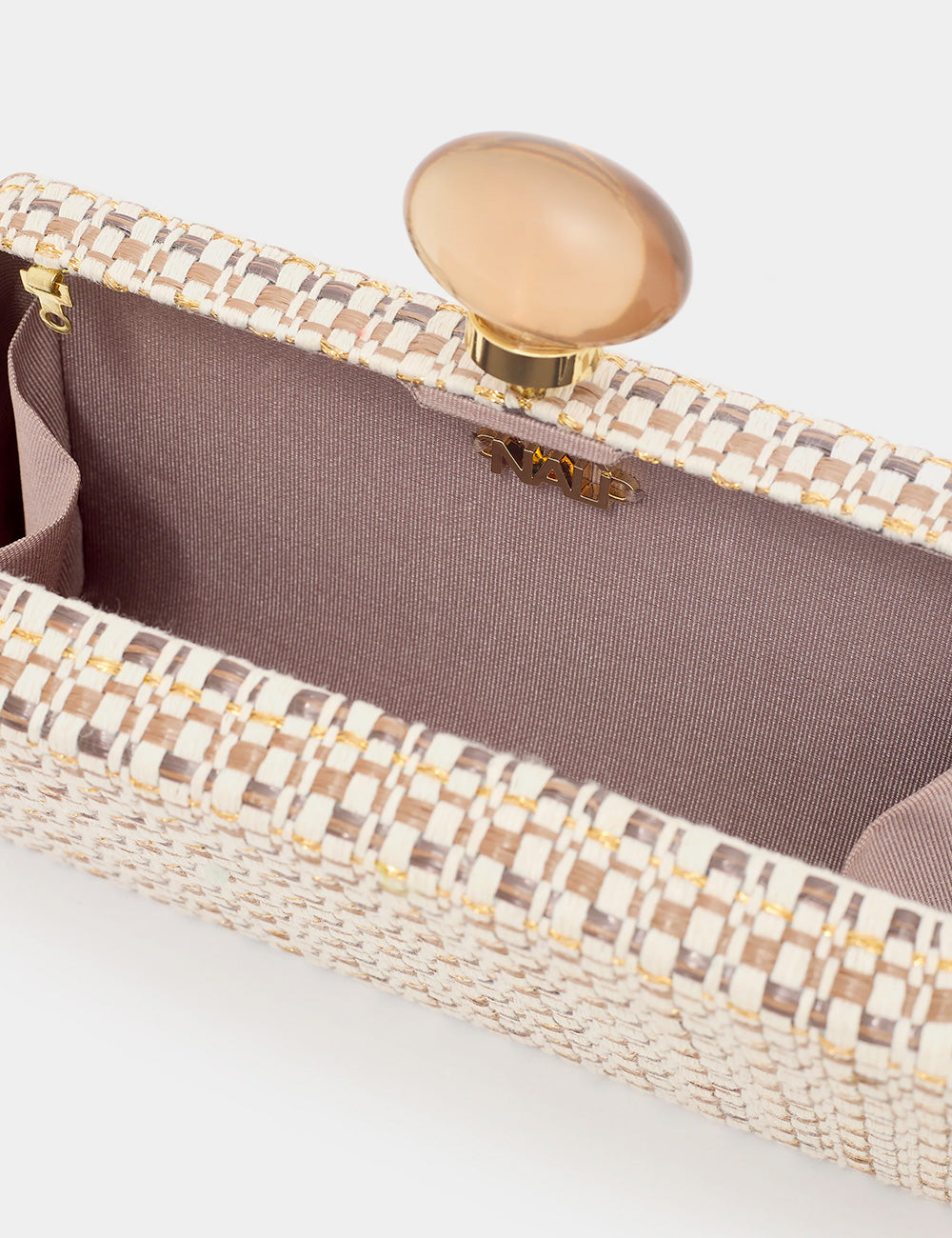 Clutch Nalì Alba Marrone beige oro intrecciato con bottone ambra