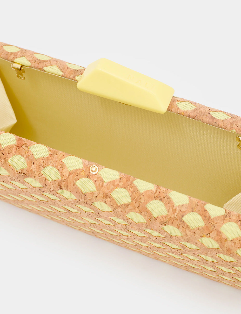 Clutch rettangolare Nalì Nadia Gialla in sughero con motivo conchiglie gialle