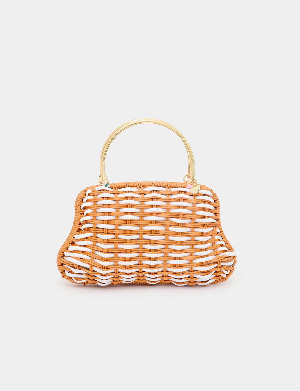 Clutch Vimini Nalì in vimini a righe beige e bianche con manico dorato circolare