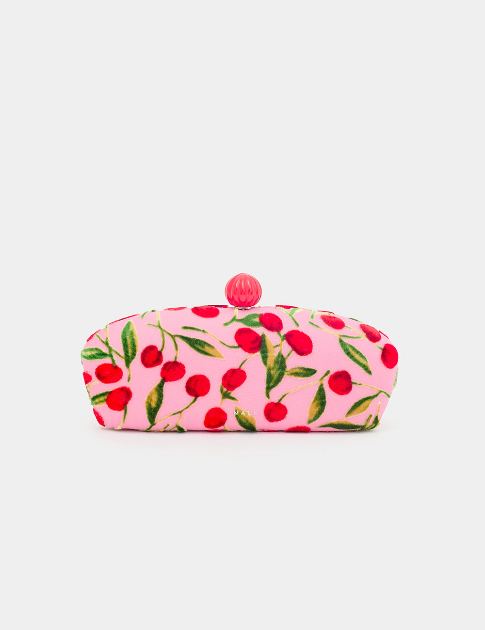 Borsa clutch Nalì Margot Rosa rosa con stampa ciliegie e bottone rosso