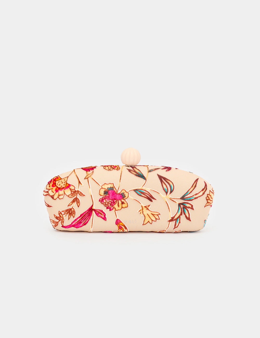 Clutch Nalì Margot Crema beige con fiori e chiusura pom-pom morbida