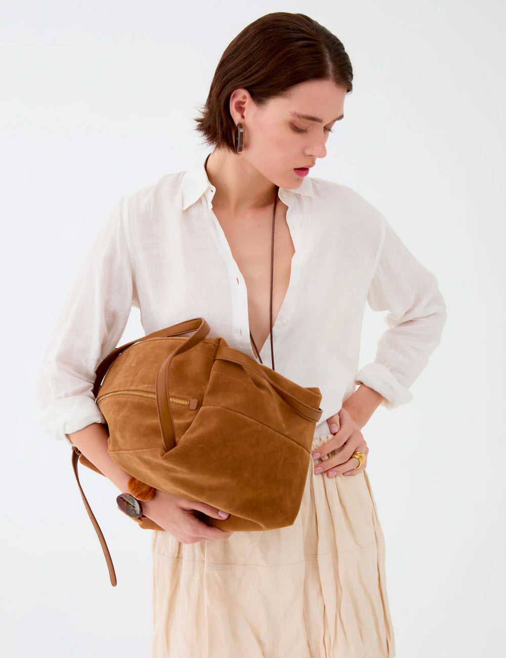 Borsa Nalì A Spalla June Marrone in suede marrone con zip minimalista