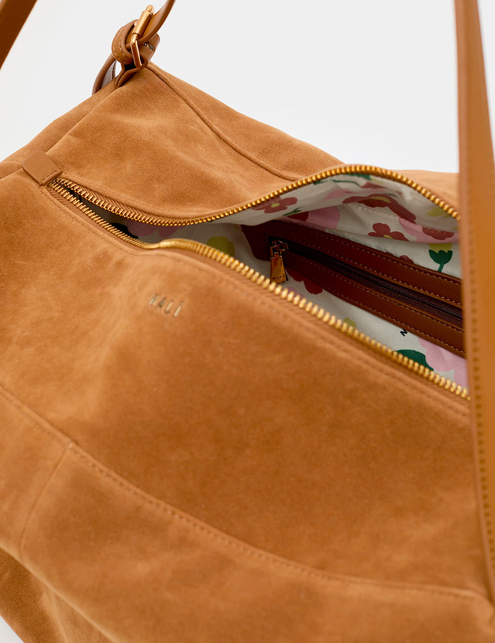 Borsa a spalla Nalì June Marrone in suede tan con interno floreale e cerniera oro