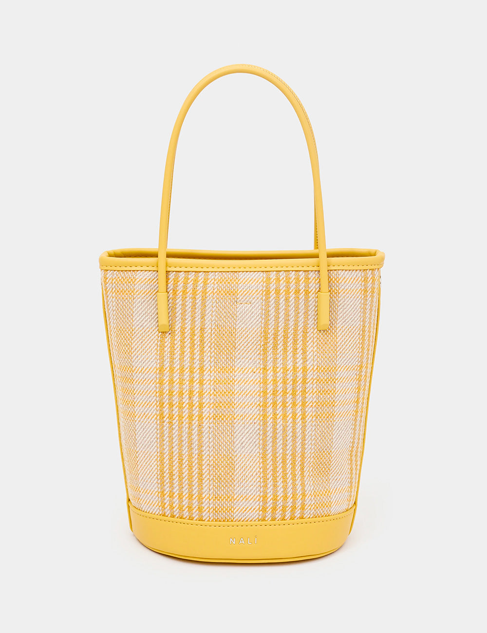 Borsa secchiello Nalì Kasia Giallo, plaid giallo con manici in pelle