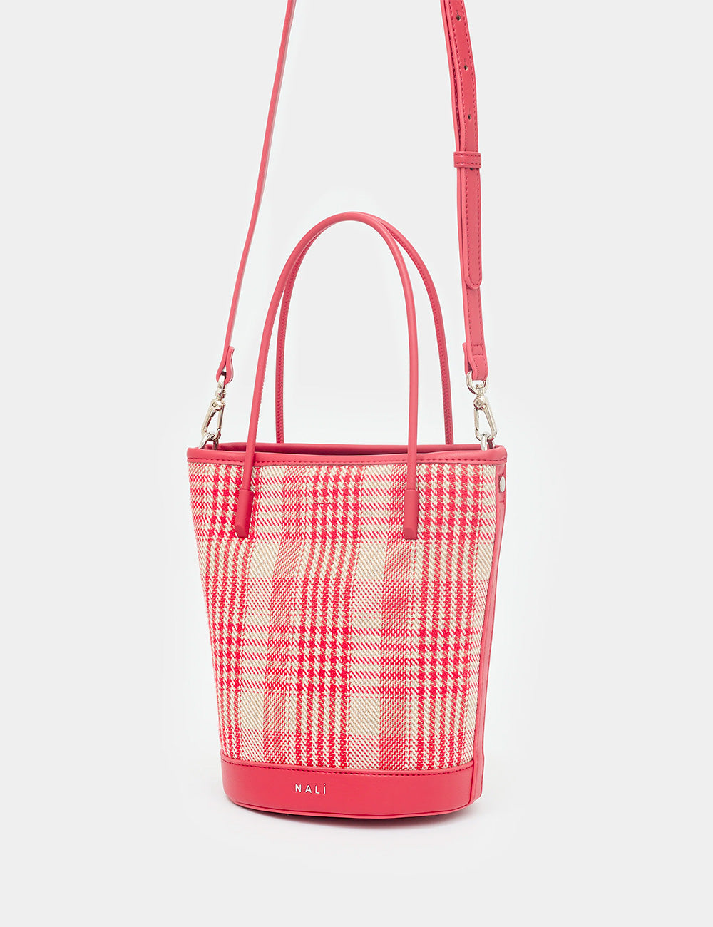 Borsa secchiello Nalì Kasia Rosso rosa e crema a quadri con manici e tracolla in pelle rosa