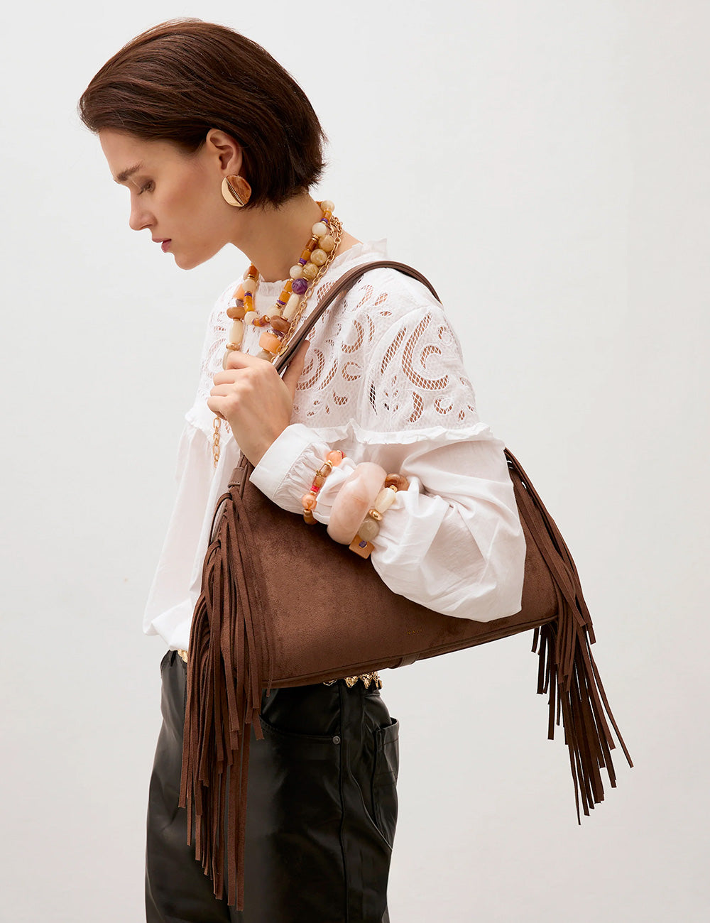 Borsa Nalì A Spalla Dallas Marrone in suede con frange lunghe