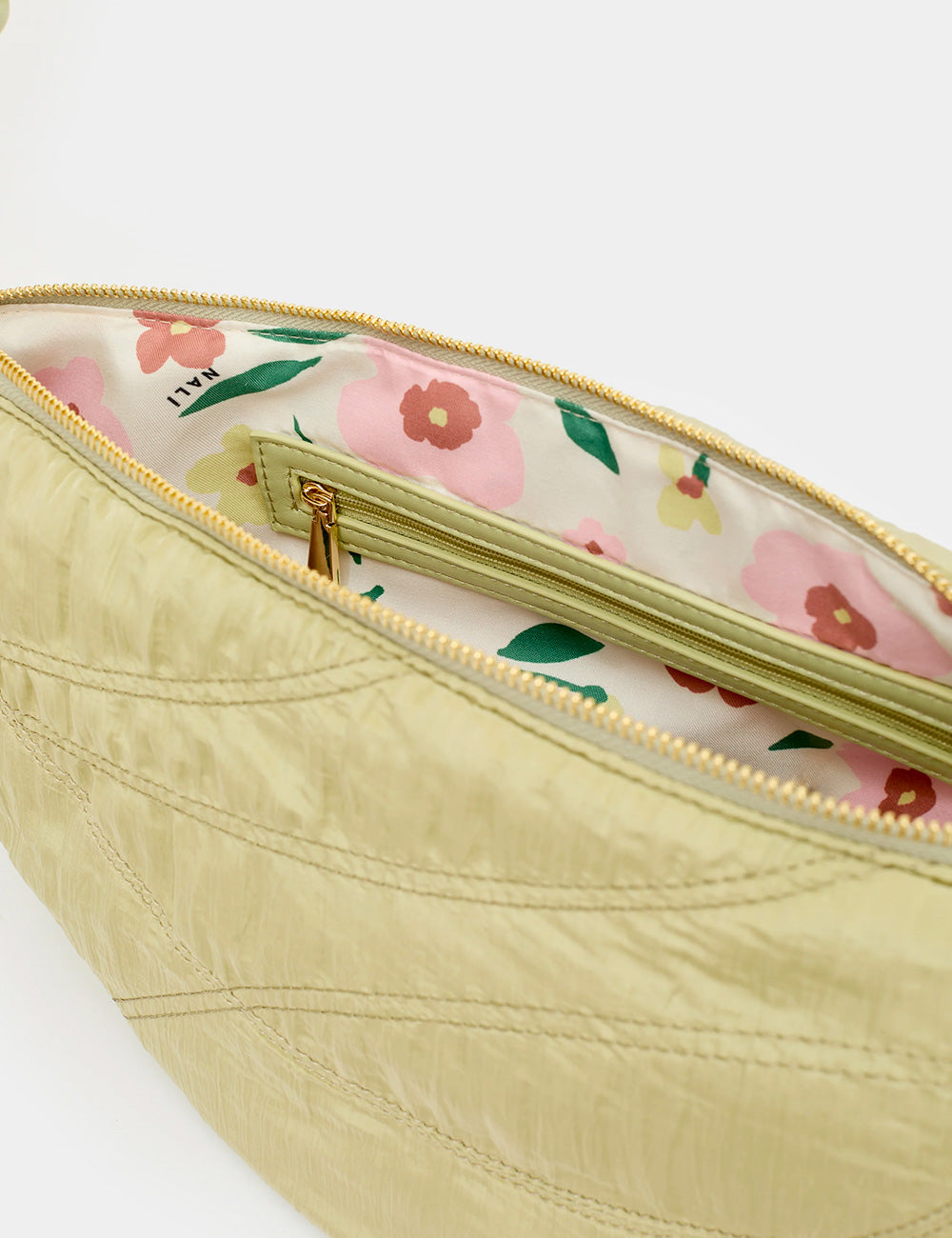 Borsa Nalì A Spalla Holly Verde chiara con fodera floreale e zip oro