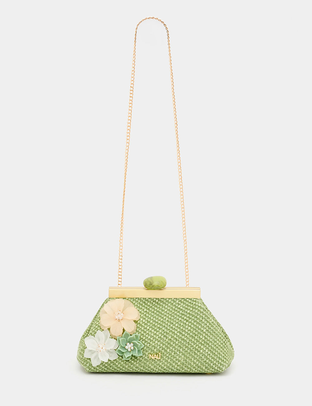 Nalì Pochette Malaga Verde, clutch verde chiaro intrecciato con fiori delicati e catena dorata