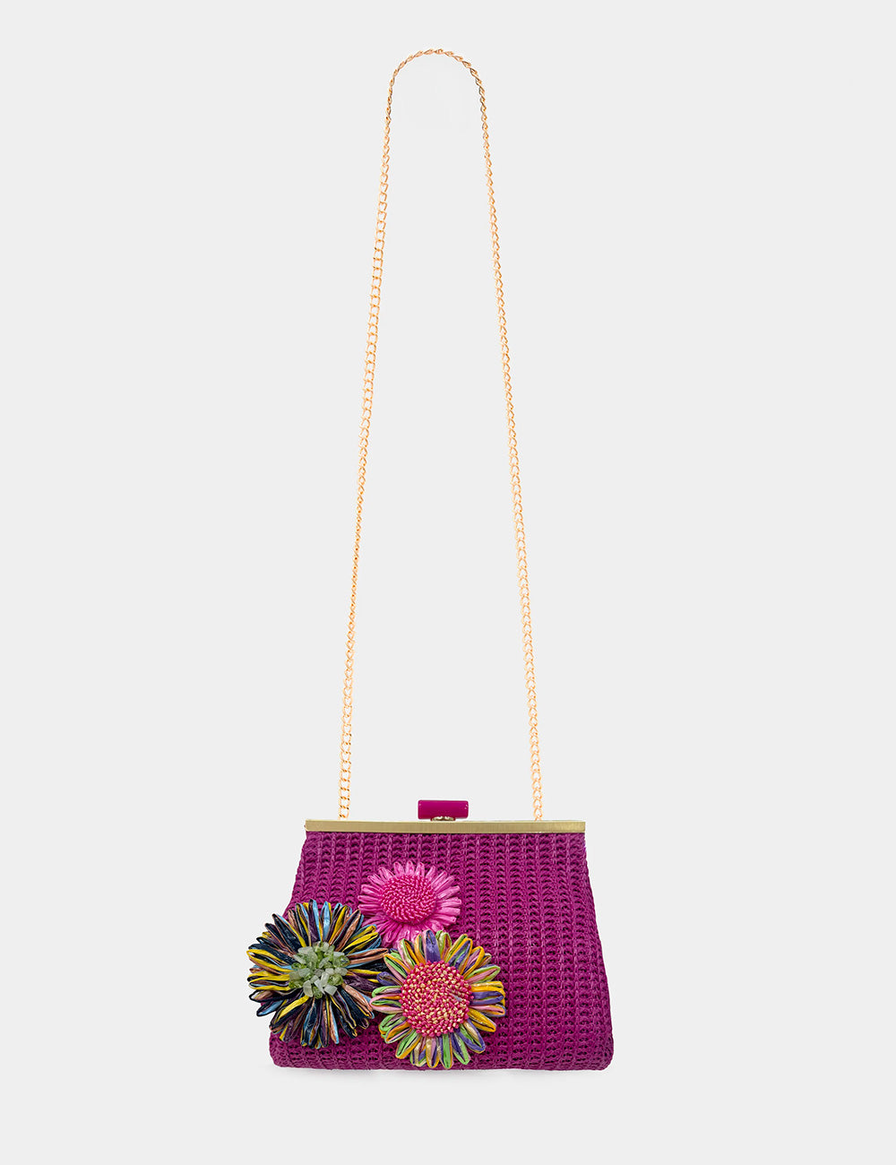 Pochette Nalì Marbella Fucsia crochet magenta con fiori colorati e catena oro