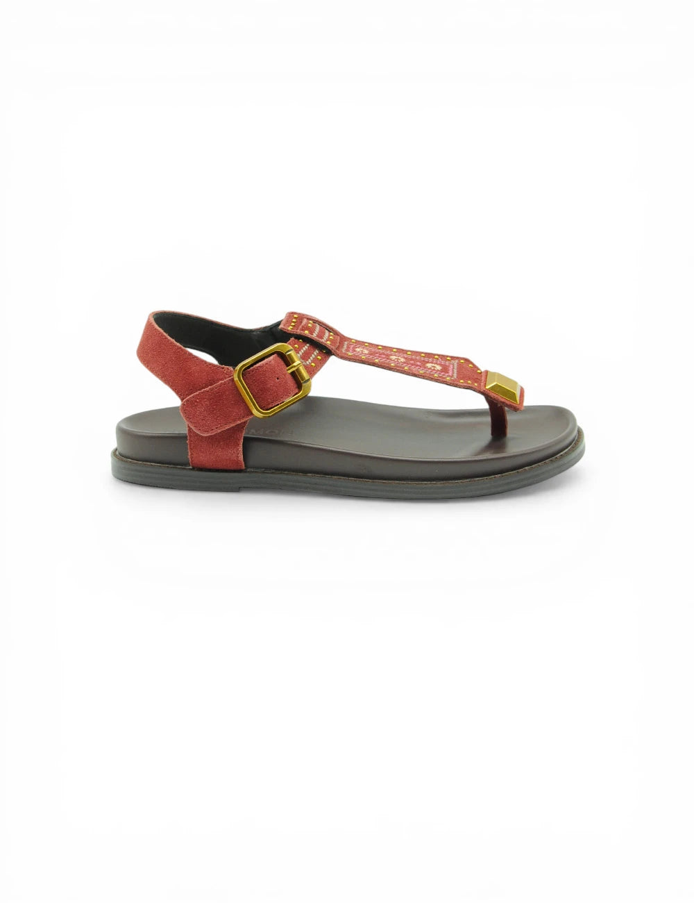 Sandalo infradito rosso in suede con fibbia color oro e cinturino tra le dita di noa harmon
