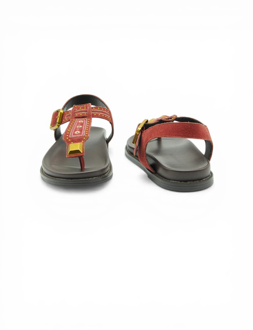 Sandalo infradito rosso in suede di noa harmon con dettagli in metallo dorato e fascia decorativa