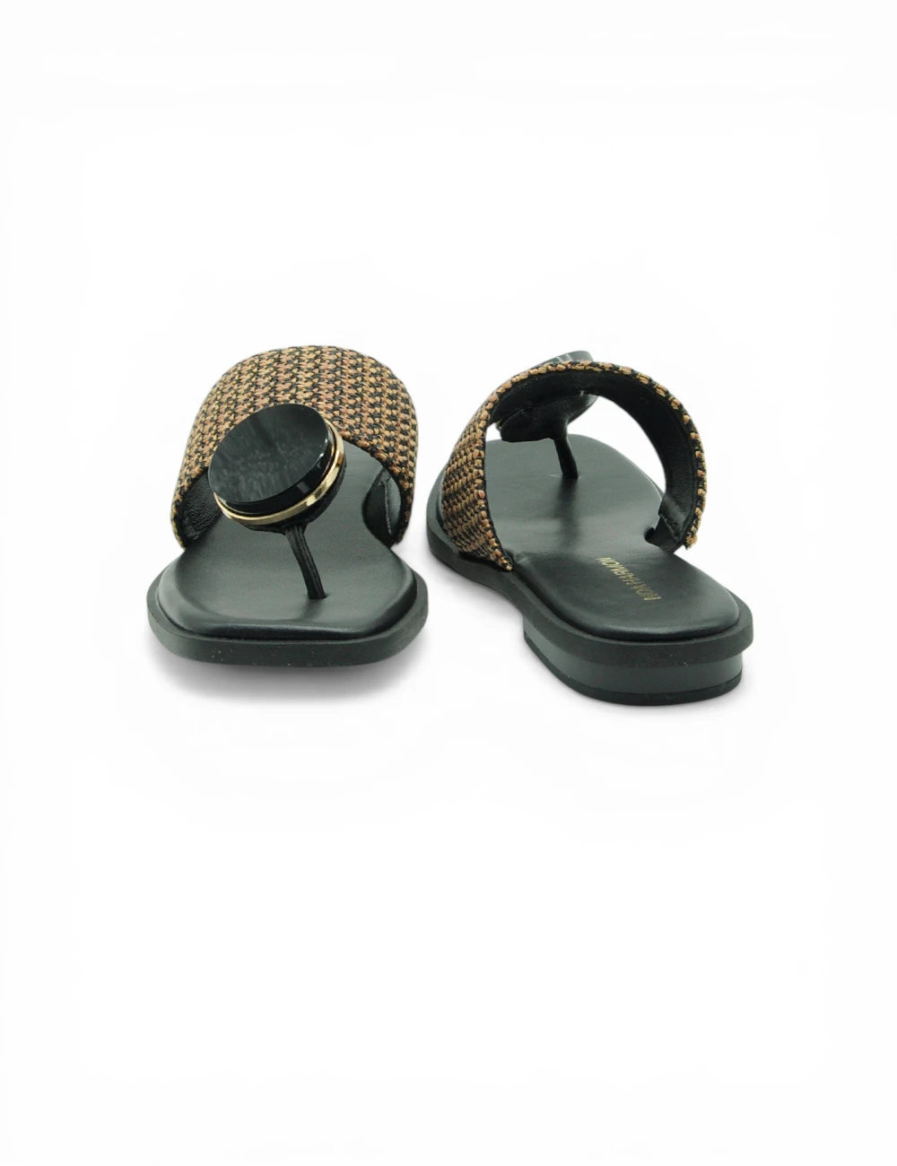 Black thong sandals noa harmon infradito nera cuoio with woven tan and brown strap and gold-bordered black embellishment