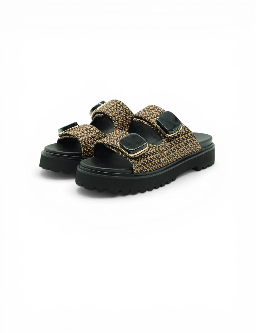 Sandali ciabatta nera cuoio noa harmon con cinturini intrecciati marroni fibbie nere e suola platform chunky
