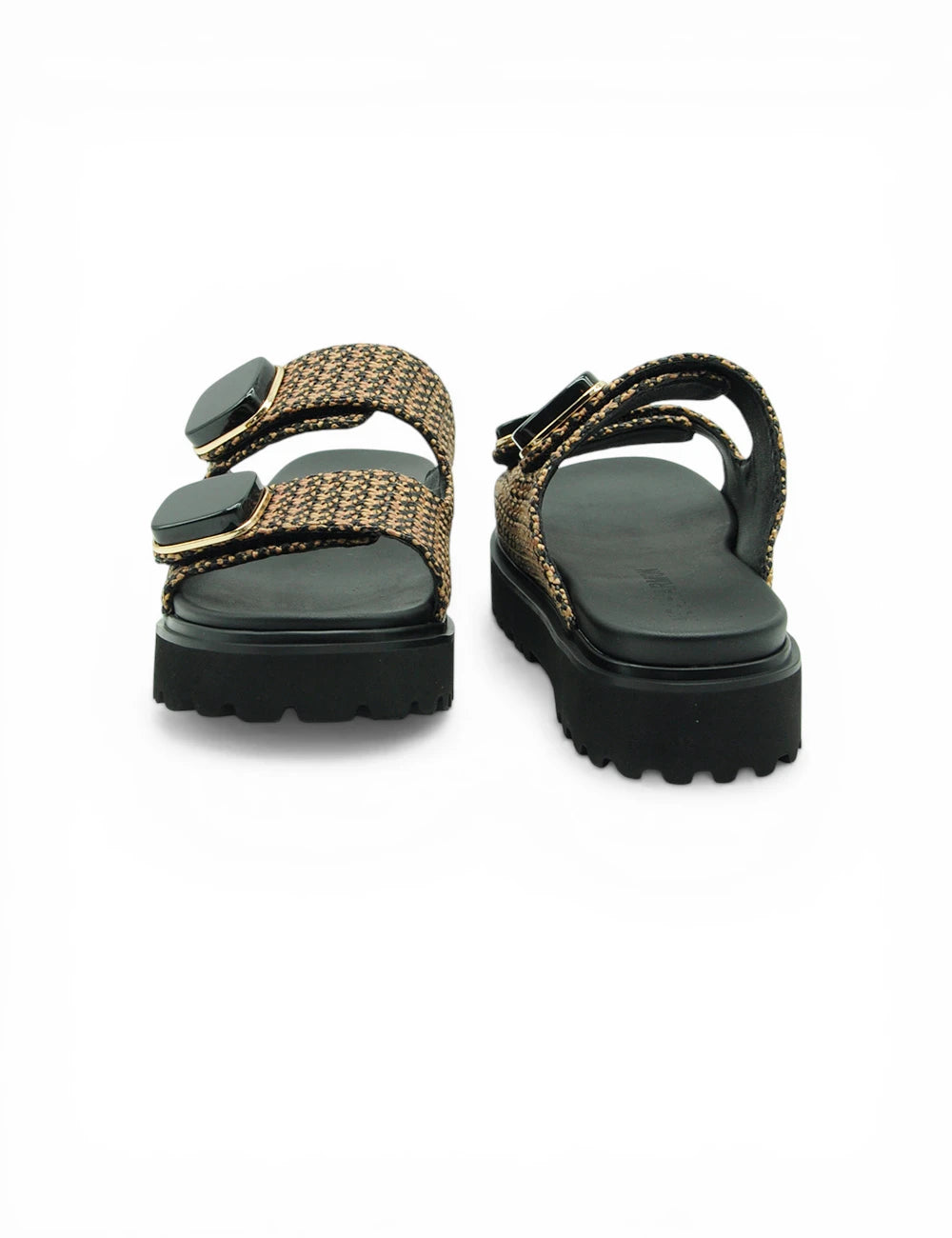 Noa harmon ciabatta nera cuoio sandali con platform neri e cinturini intrecciati oro e marrone con fibbie verdi