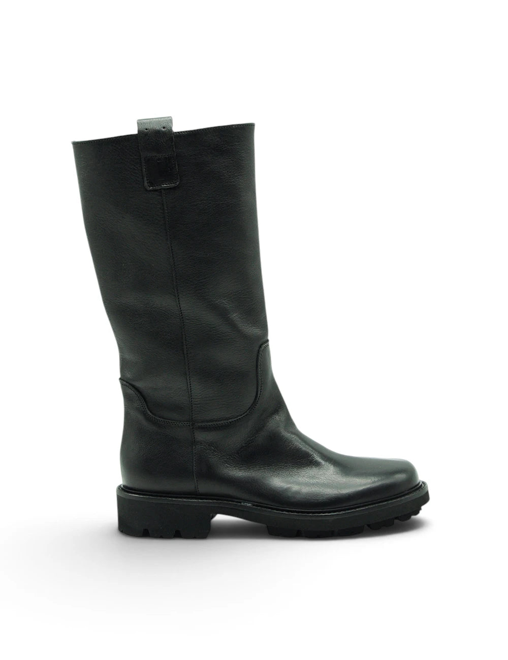 Niche stivale texas nero vista posteriore in pelle nera con suola in gomma chunky e fibbia rettangolare piccola