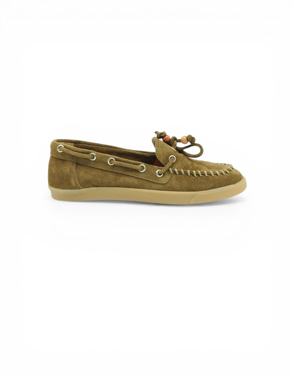 Mocassino Niche Velour Tabacco in suede oliva con lacci perline e suola gomma