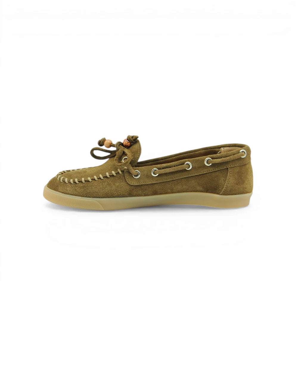 Mocassino Niche Velour Tabacco in suede oliva con lacci marroni e occhielli argento