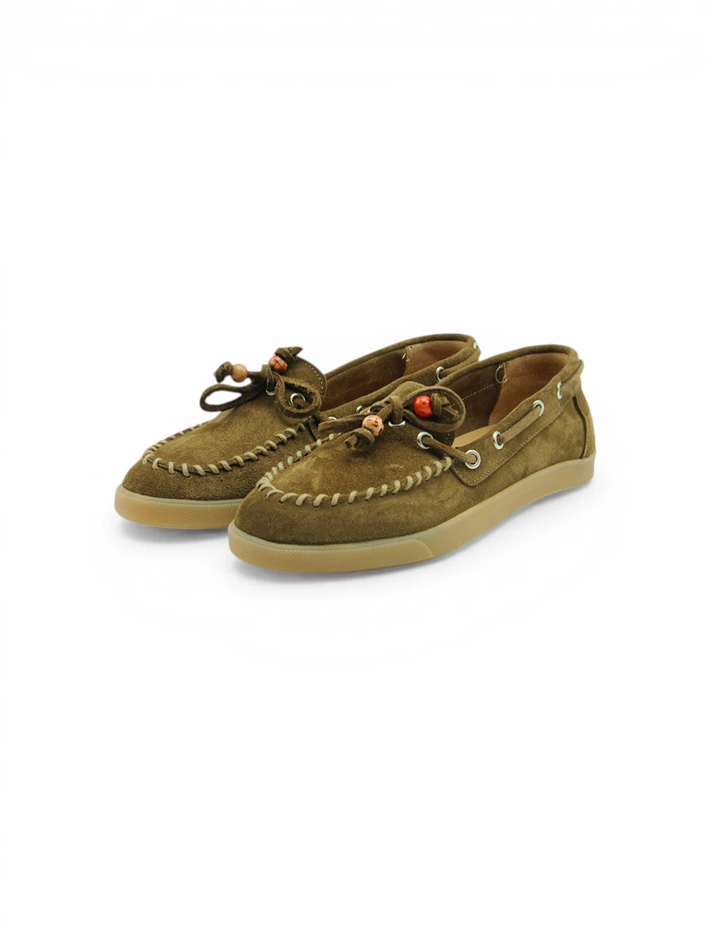 Mocassino velour tabacco verde oliva in suede con lacci intrecciati e perline arancioni