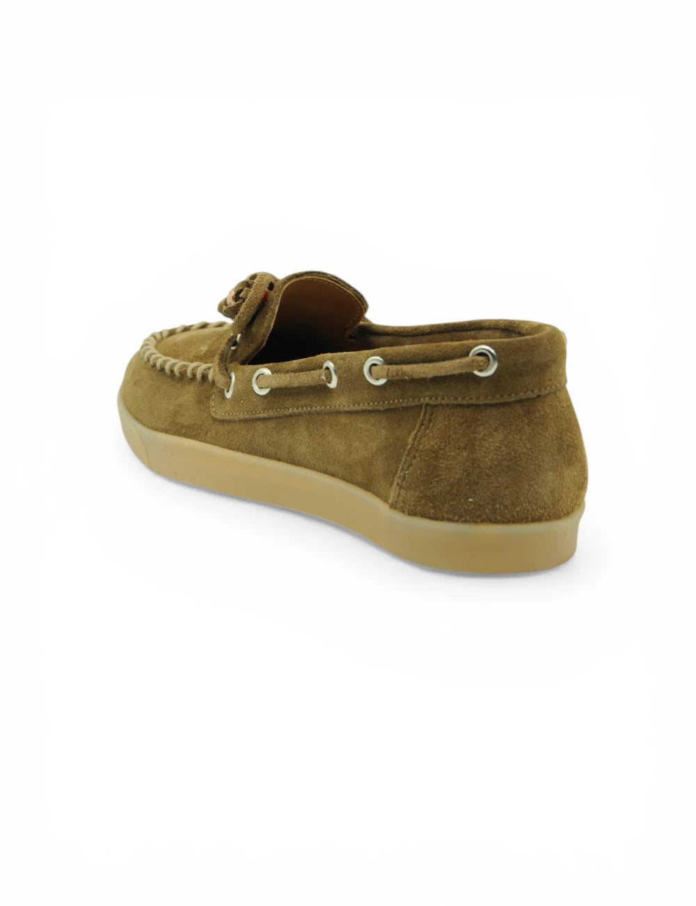 Mocassino Niche Velour Tabacco in suede tan con tracolla cucita e occhielli metallici
