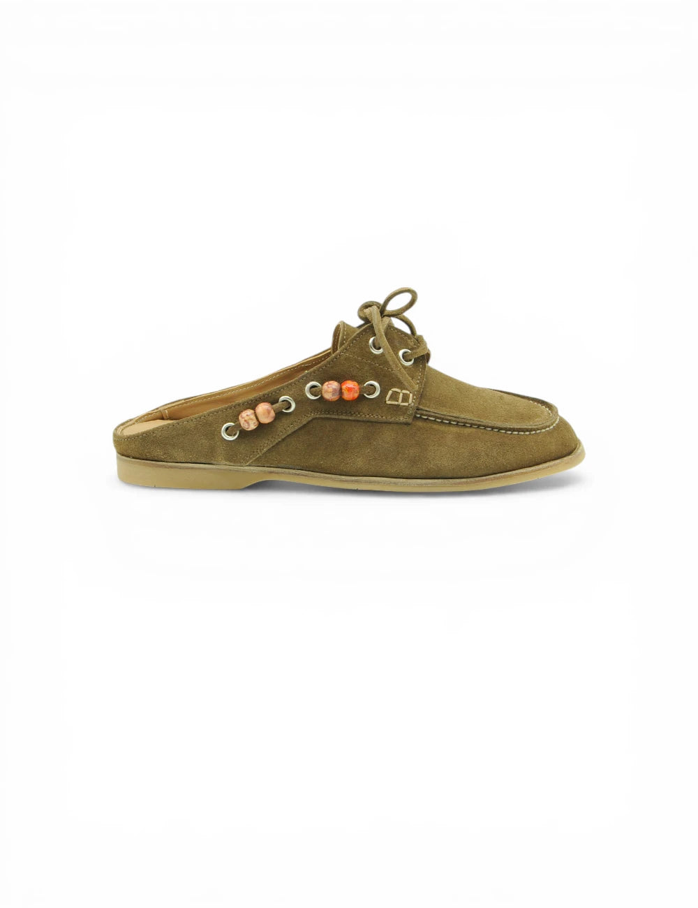 Scarpa sabot in velluto tabacco verde oliva con perline arancioni e beige decorative sul lato