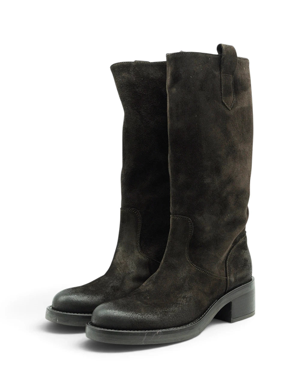 Dark brown suede knee-high boots with chunky heel and rear pull tab niche stivale velour testa moro