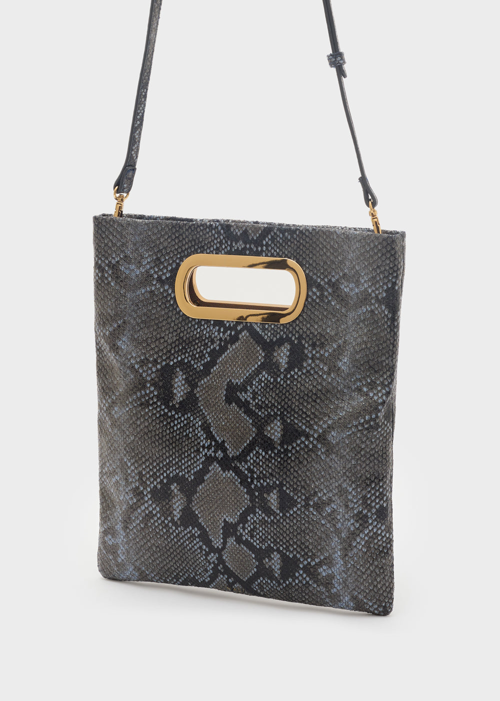 Handbag nali a mano noir blu in stampa serpente grigia con manico rettangolare dorato