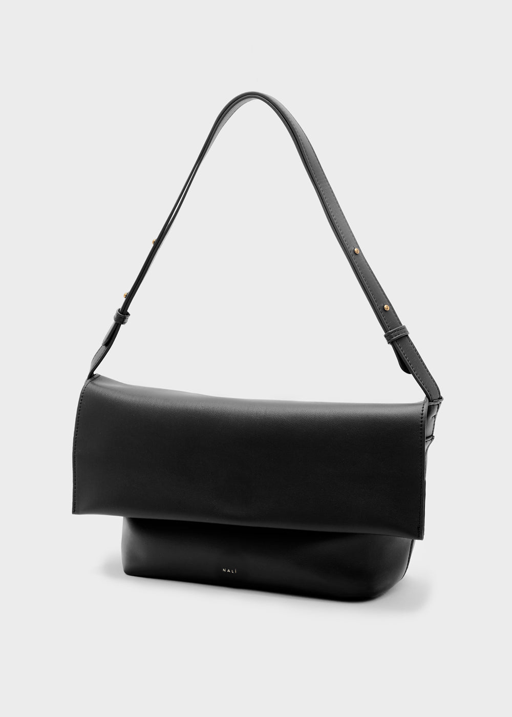 Nalì a spalla teda nero borsa a tracolla in pelle nera con design minimal e dettagli in oro rosa
