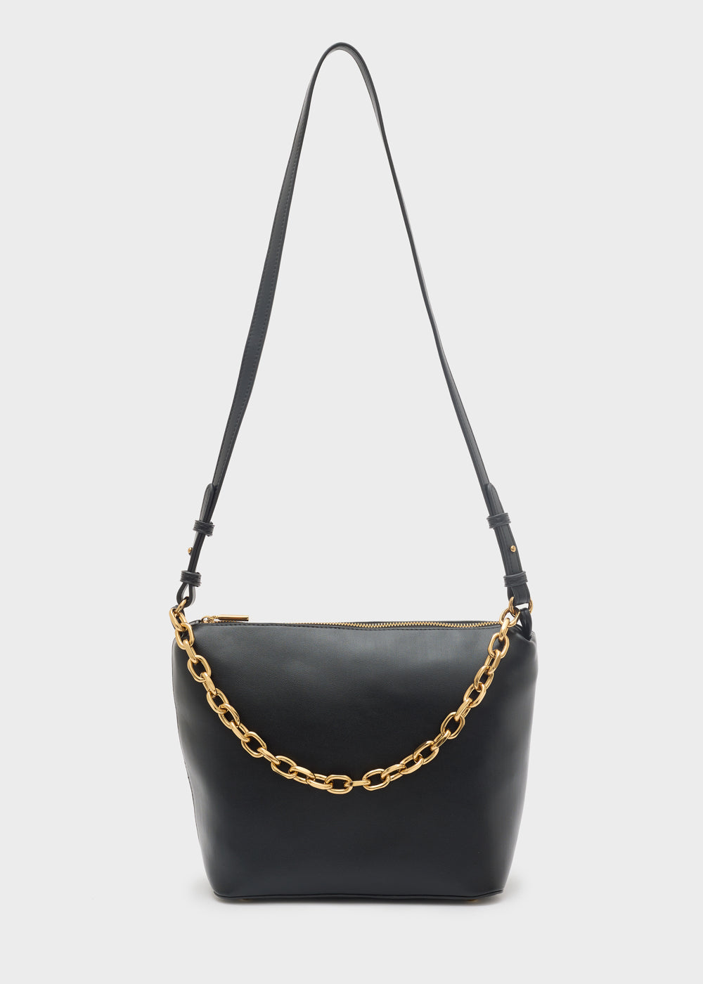 Borsa a spalla nalì teda catena nero in pelle nera con tracolla a catena oro e chiusura con cerniera