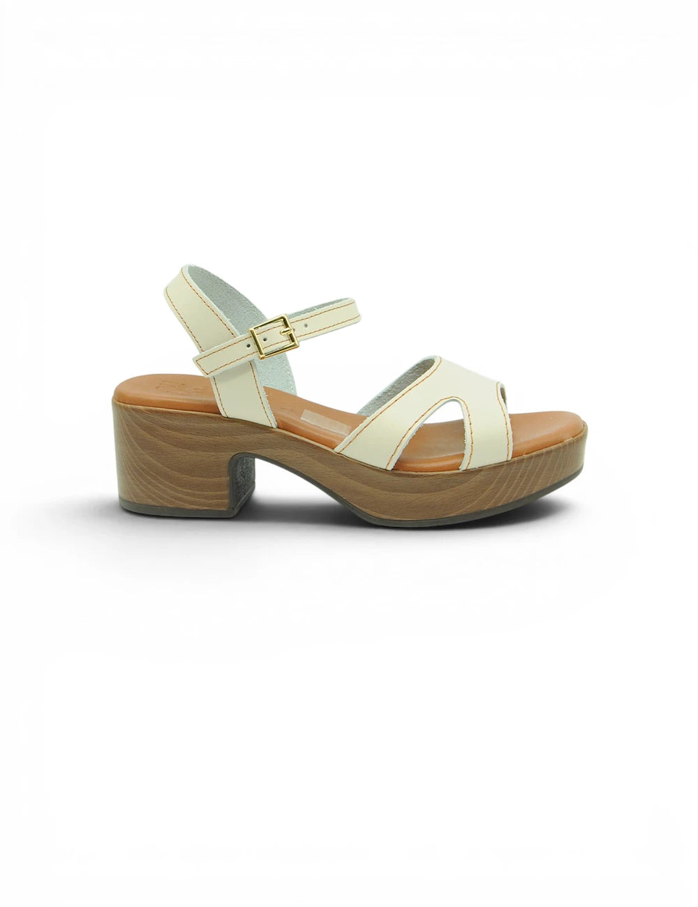 Cream-colored leather sandal with wooden block heel and adjustable ankle strap oh my sandals sandalo ghiaccio