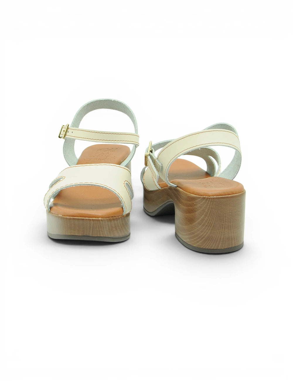 Cream-colored platform sandals with wooden heel and adjustable ankle strap from oh my sandals sandalo ghiaccio