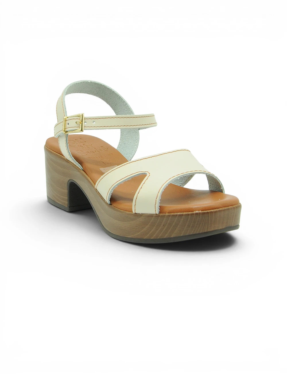 Sandal ghiaccio cream color in pelle con tacco a blocco in legno e fibbia oro tone di oh my sandals