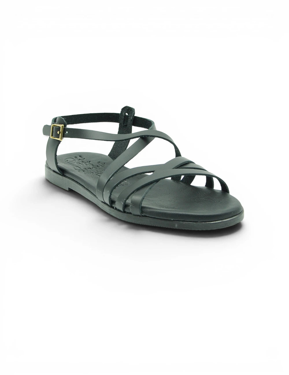 Dark green strappy sandal with gold tone buckle and flat sole from oh my sandals sandalo brenda nero collection
