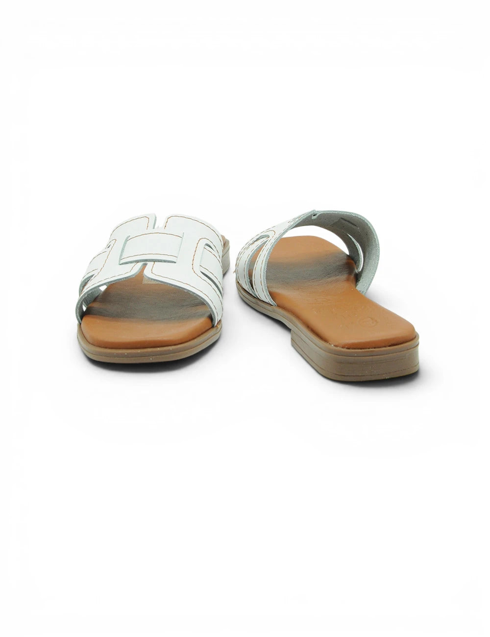 White leather slide sandals oh my sandals ciabattina bianca with geometric strap design and tan insole