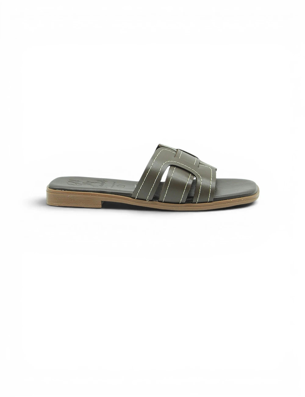 Olive green leather slide sandal oh my sandals ciabattina marrone with minimalist design and white stitching details