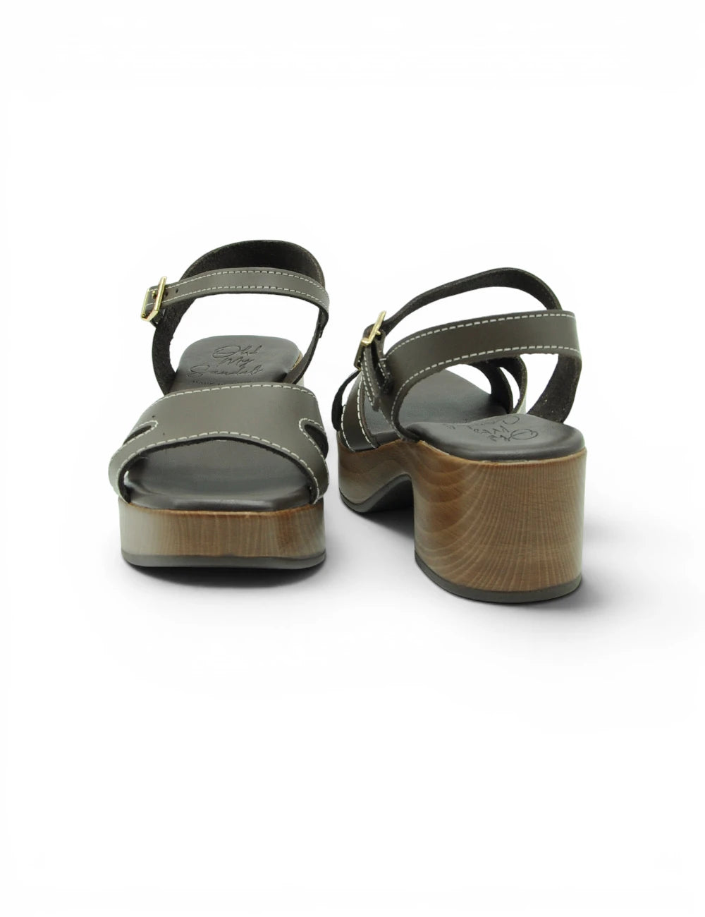 Olive green leather sandals with wooden block heel and gold tone buckle details from oh my sandals sandalo marrone collection