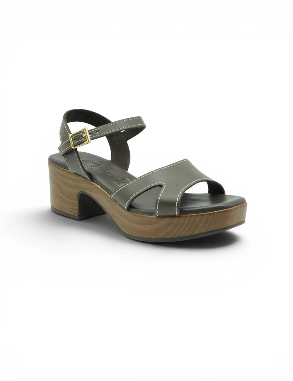 Sandalo marrone oh my sandals in pelle verde oliva con zeppa in legno e fibbia oro tono elegante
