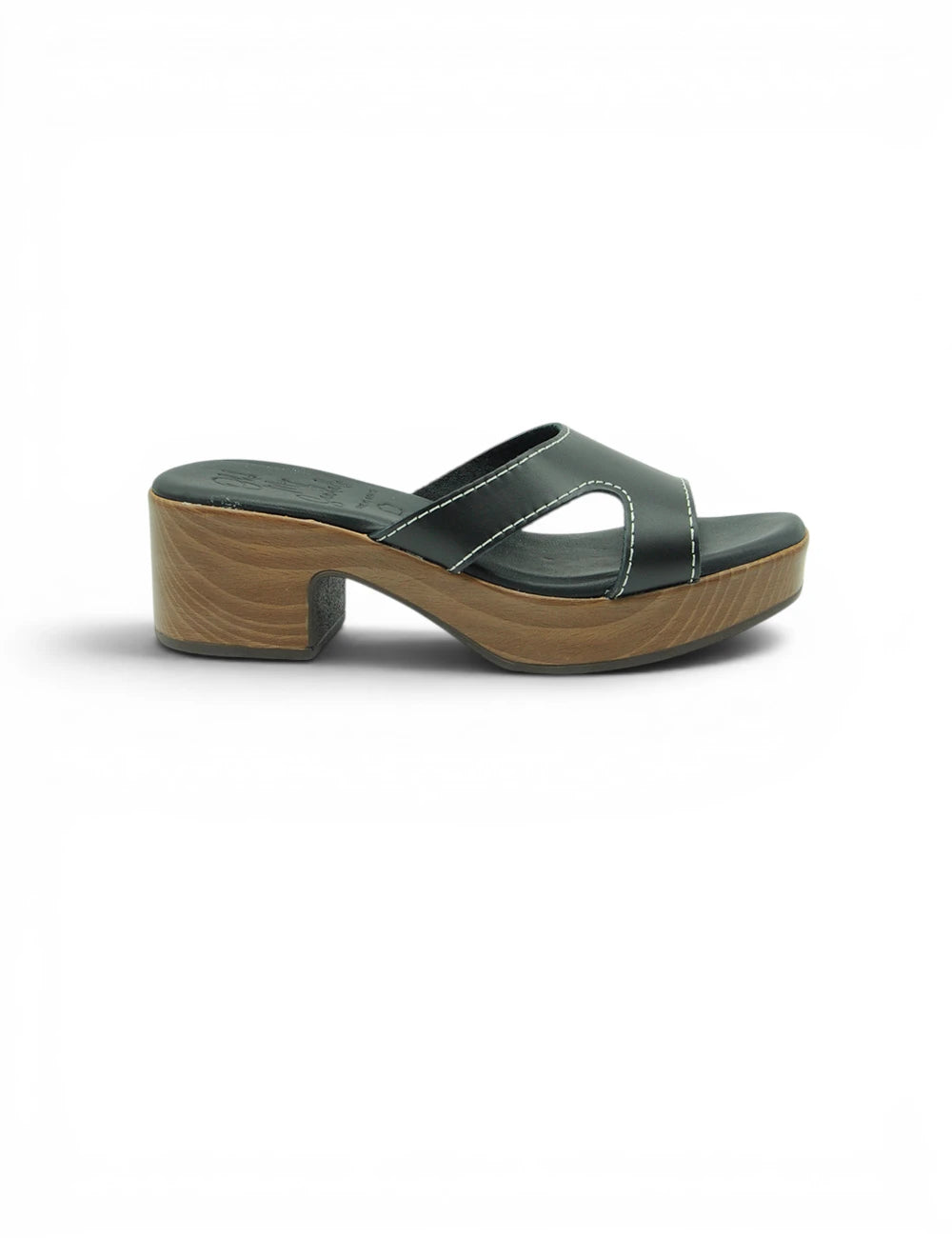 Sandali sabot verdi scuro in pelle con tacco a blocco in legno e suola platform oh my sandals clog nero